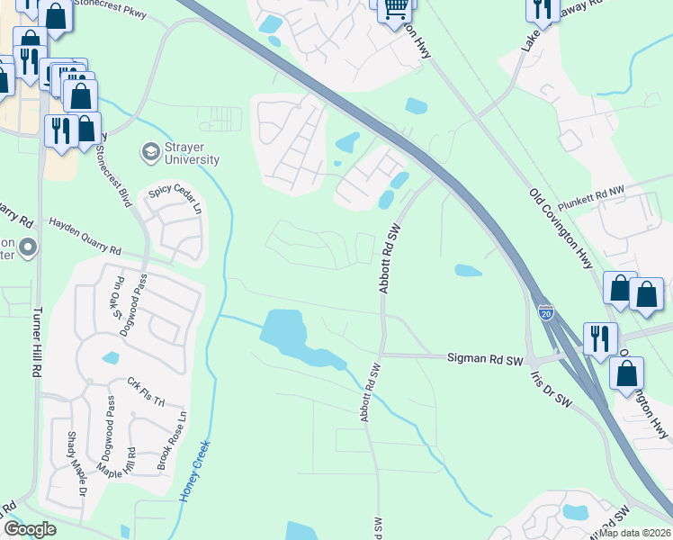 map of restaurants, bars, coffee shops, grocery stores, and more near 169 Abbott Road Southwest in Conyers