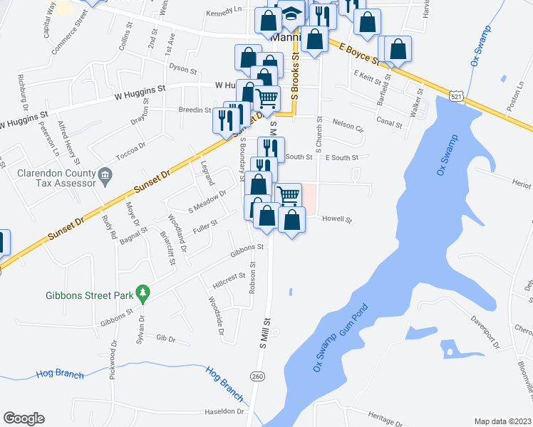 map of restaurants, bars, coffee shops, grocery stores, and more near 523 South Mill Street in Manning