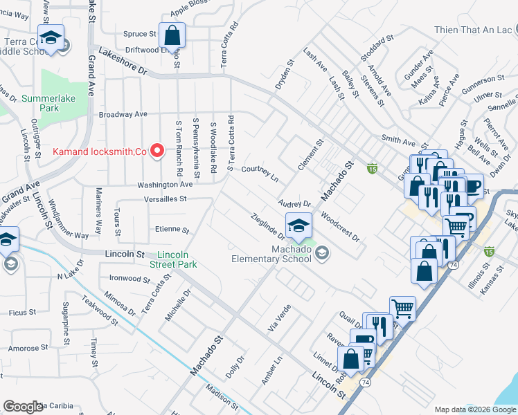 map of restaurants, bars, coffee shops, grocery stores, and more near 15111 Audrey Dr in Lake Elsinore