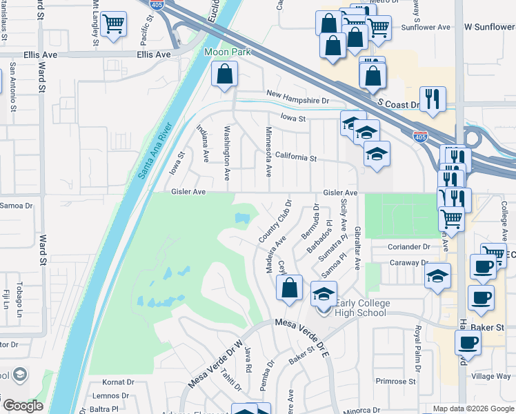 map of restaurants, bars, coffee shops, grocery stores, and more near 1782 Bahama Place in Costa Mesa