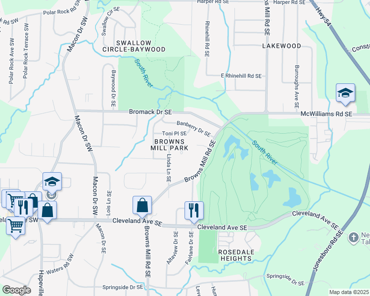 map of restaurants, bars, coffee shops, grocery stores, and more near 257 Toni Place Southeast in Atlanta