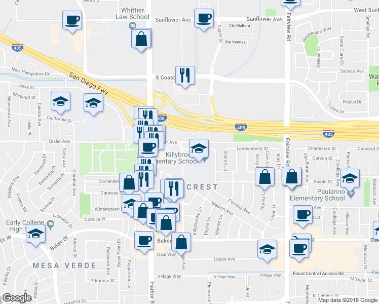 map of restaurants, bars, coffee shops, grocery stores, and more near 1387 Garlingford Street in Costa Mesa