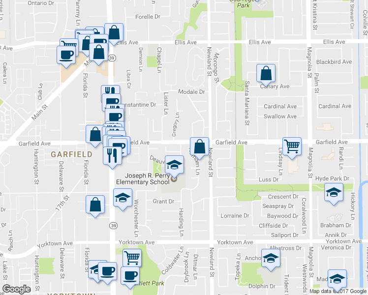 map of restaurants, bars, coffee shops, grocery stores, and more near 19022 Summerfield Lane in Huntington Beach