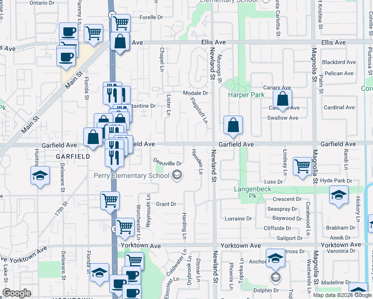 map of restaurants, bars, coffee shops, grocery stores, and more near 19022 Summerfield Lane in Huntington Beach