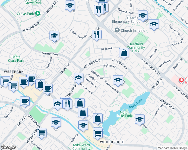 map of restaurants, bars, coffee shops, grocery stores, and more near 17 Willowbrook in Irvine