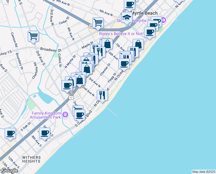 map of restaurants, bars, coffee shops, grocery stores, and more near 401 North Ocean Boulevard in Myrtle Beach