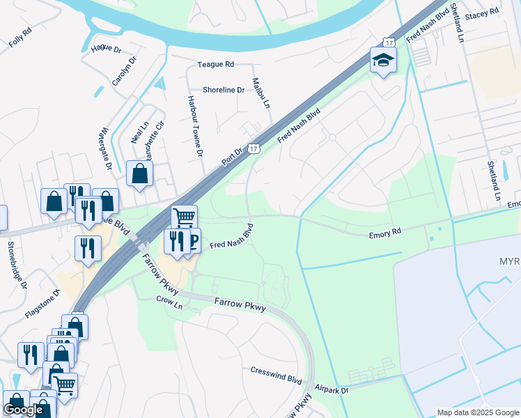 map of restaurants, bars, coffee shops, grocery stores, and more near 3000 Emory Road in Myrtle Beach