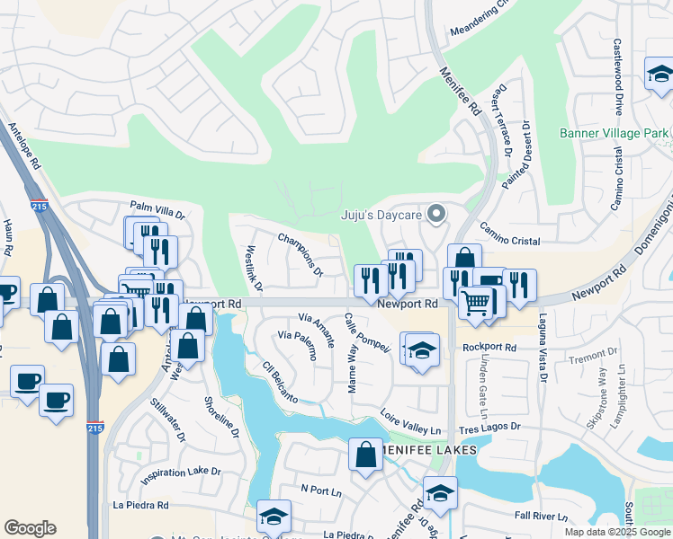 map of restaurants, bars, coffee shops, grocery stores, and more near 28894 Champions Drive in Menifee
