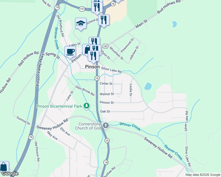 map of restaurants, bars, coffee shops, grocery stores, and more near 4247 Cedar Street in Pinson