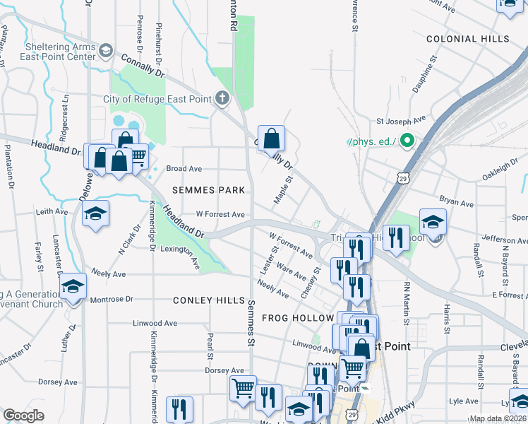map of restaurants, bars, coffee shops, grocery stores, and more near 2498 Semmes Street in East Point