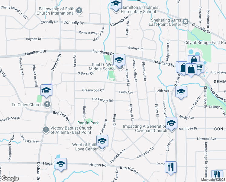 map of restaurants, bars, coffee shops, grocery stores, and more near 2505 Riggs Drive in East Point