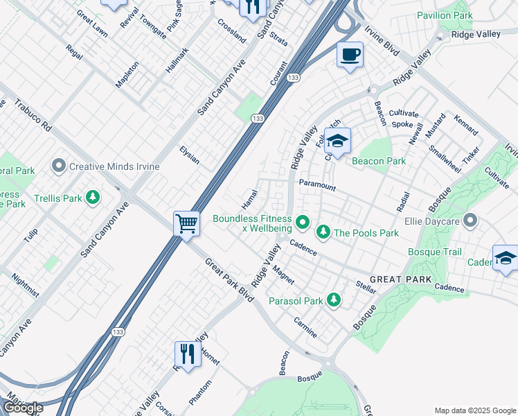 map of restaurants, bars, coffee shops, grocery stores, and more near 1260 Harringay in Irvine