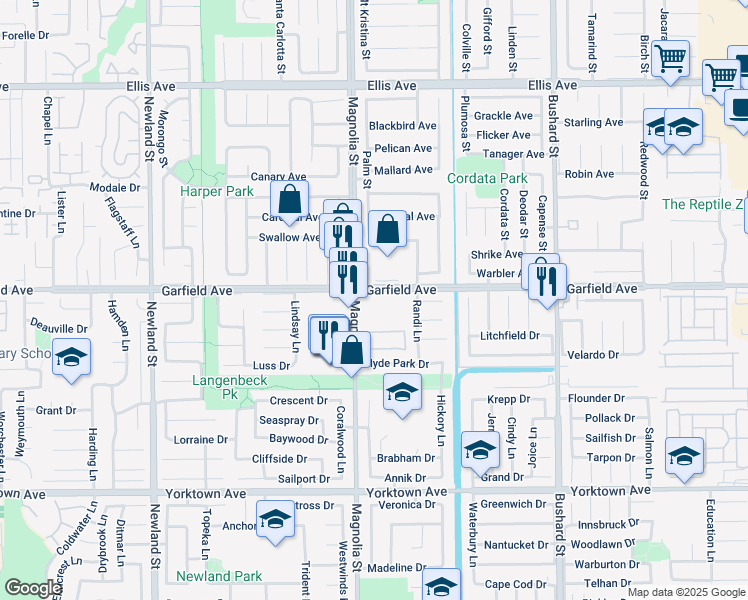 map of restaurants, bars, coffee shops, grocery stores, and more near 9042 Garfield Avenue in Huntington Beach