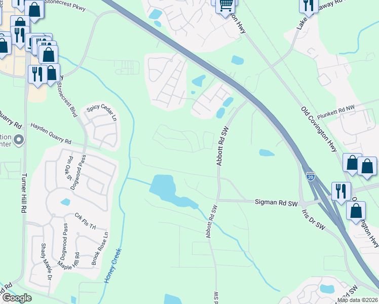 map of restaurants, bars, coffee shops, grocery stores, and more near 169 Abbott Road Southwest in Conyers