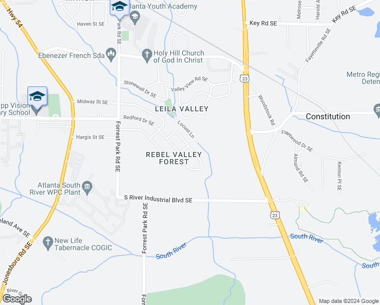 map of restaurants, bars, coffee shops, grocery stores, and more near 1254 Redford Drive Southeast in Atlanta