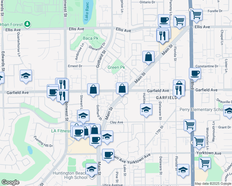 map of restaurants, bars, coffee shops, grocery stores, and more near in Huntington Beach