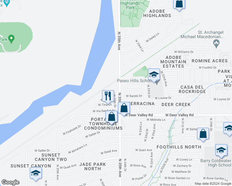 map of restaurants, bars, coffee shops, grocery stores, and more near 22043 North 35th Drive in Glendale