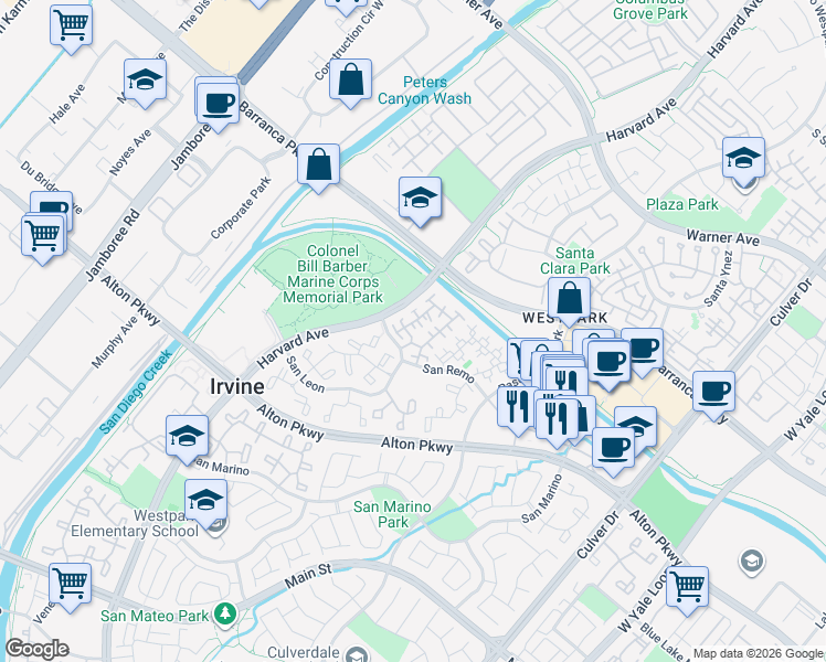 map of restaurants, bars, coffee shops, grocery stores, and more near 3 Imperial Aisle in Irvine