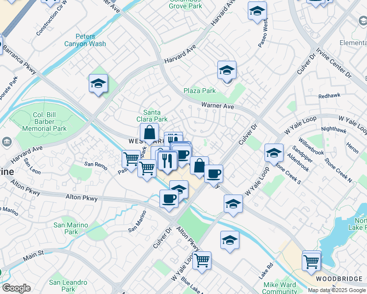 map of restaurants, bars, coffee shops, grocery stores, and more near 303 Tropea Aisle in Irvine
