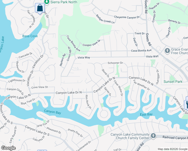 map of restaurants, bars, coffee shops, grocery stores, and more near 29875 Smugglers Point Drive in Canyon Lake