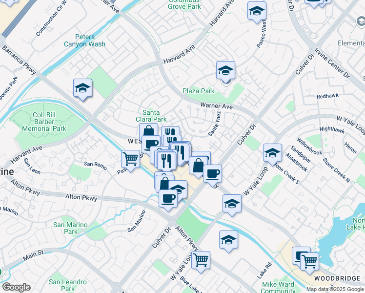 map of restaurants, bars, coffee shops, grocery stores, and more near 703 Solvay Aisle in Irvine