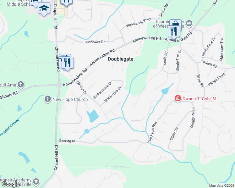 map of restaurants, bars, coffee shops, grocery stores, and more near 4040 Water Hole Court in Douglasville
