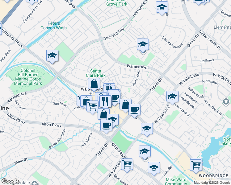 map of restaurants, bars, coffee shops, grocery stores, and more near 303 Tropea Aisle in Irvine