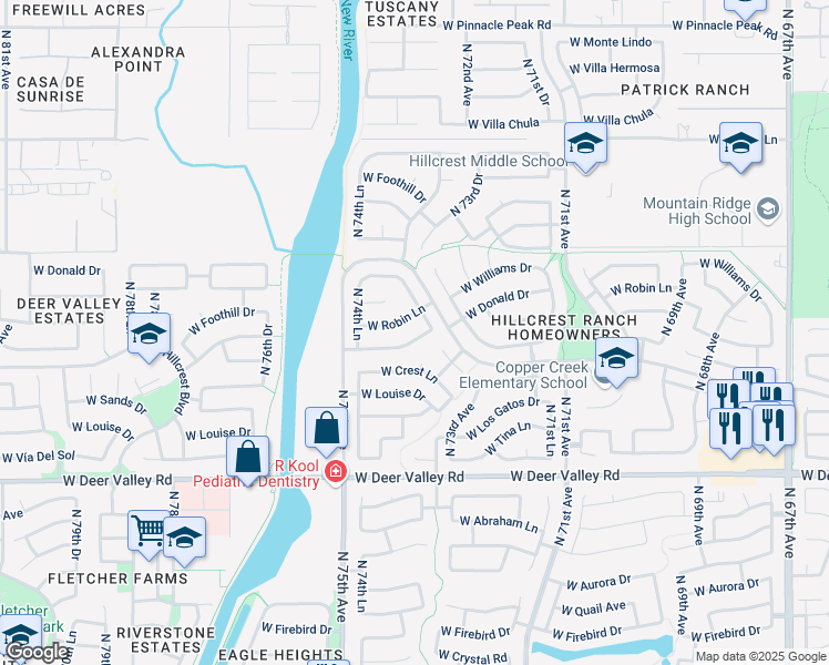 map of restaurants, bars, coffee shops, grocery stores, and more near 7418 West Robin Lane in Glendale