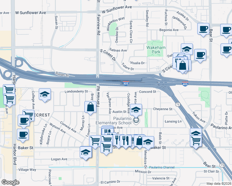 map of restaurants, bars, coffee shops, grocery stores, and more near 1126 Charleston Street in Costa Mesa