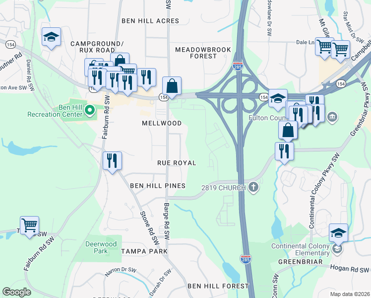 map of restaurants, bars, coffee shops, grocery stores, and more near 2534 Rex Avenue Southwest in Atlanta