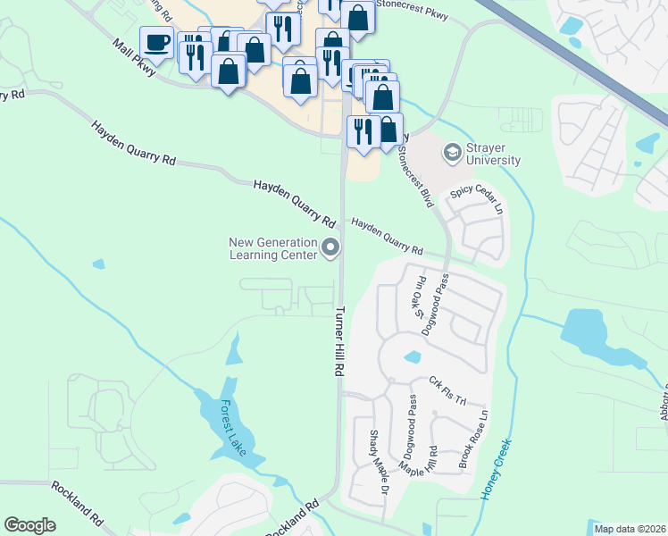 map of restaurants, bars, coffee shops, grocery stores, and more near 3273 Turner Hill Road in Stonecrest