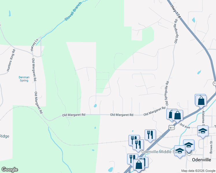 map of restaurants, bars, coffee shops, grocery stores, and more near 385 Pine Ridge Drive in Odenville