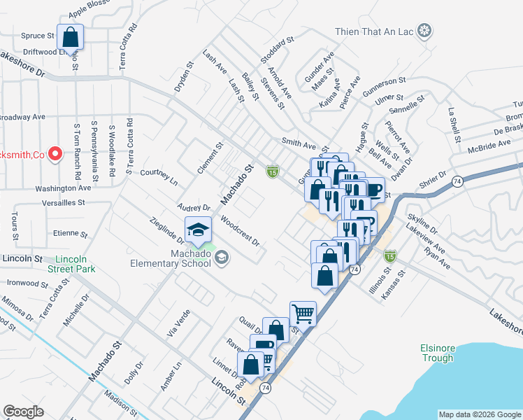map of restaurants, bars, coffee shops, grocery stores, and more near 31038 Ponderosa Street in Lake Elsinore
