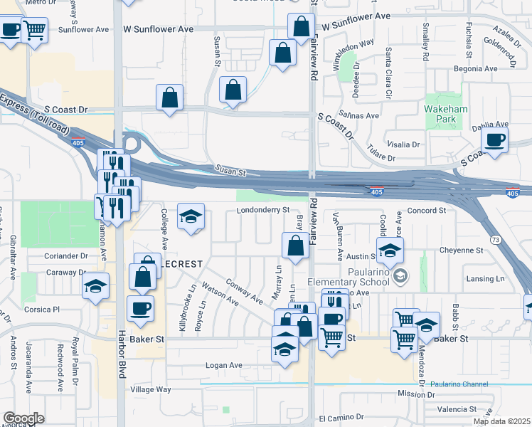 map of restaurants, bars, coffee shops, grocery stores, and more near 1254 Londonderry Street in Costa Mesa