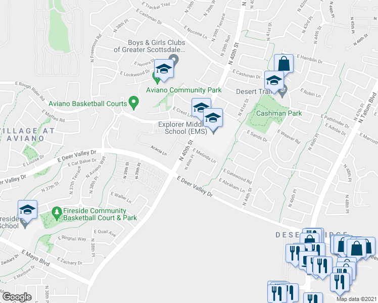 map of restaurants, bars, coffee shops, grocery stores, and more near 4006 East Melinda Lane in Phoenix