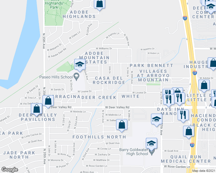 map of restaurants, bars, coffee shops, grocery stores, and more near 3030 West Sands Drive in Phoenix