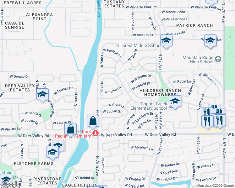 map of restaurants, bars, coffee shops, grocery stores, and more near 7418 West Robin Lane in Glendale