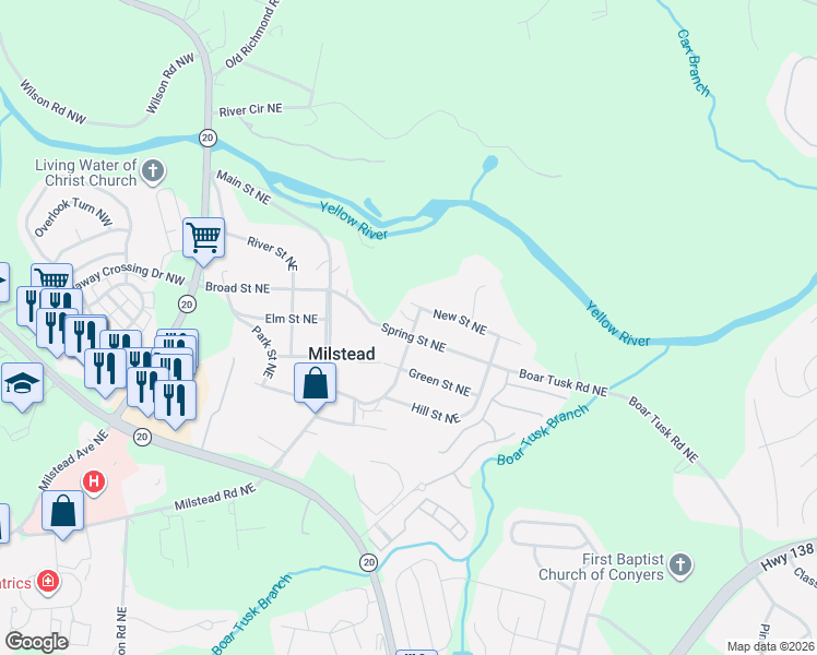 map of restaurants, bars, coffee shops, grocery stores, and more near 1721 New Street Northeast in Conyers