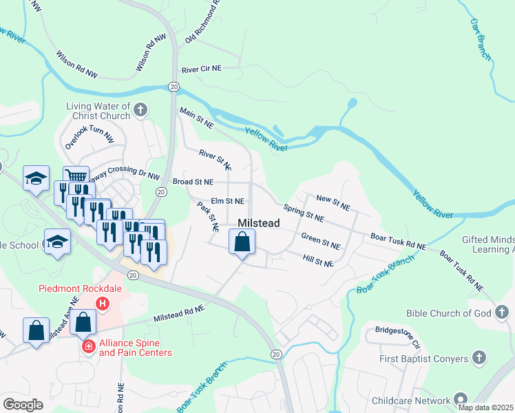 map of restaurants, bars, coffee shops, grocery stores, and more near 1655 Main Street Northeast in Conyers