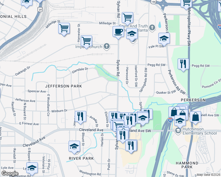 map of restaurants, bars, coffee shops, grocery stores, and more near 2489 Sylvan Terrace in East Point