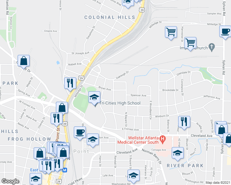 map of restaurants, bars, coffee shops, grocery stores, and more near 1366 Bryan Ave in East Point