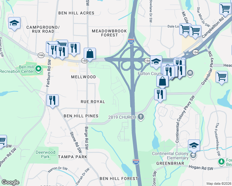 map of restaurants, bars, coffee shops, grocery stores, and more near 2400 Barge Road Southwest in Atlanta