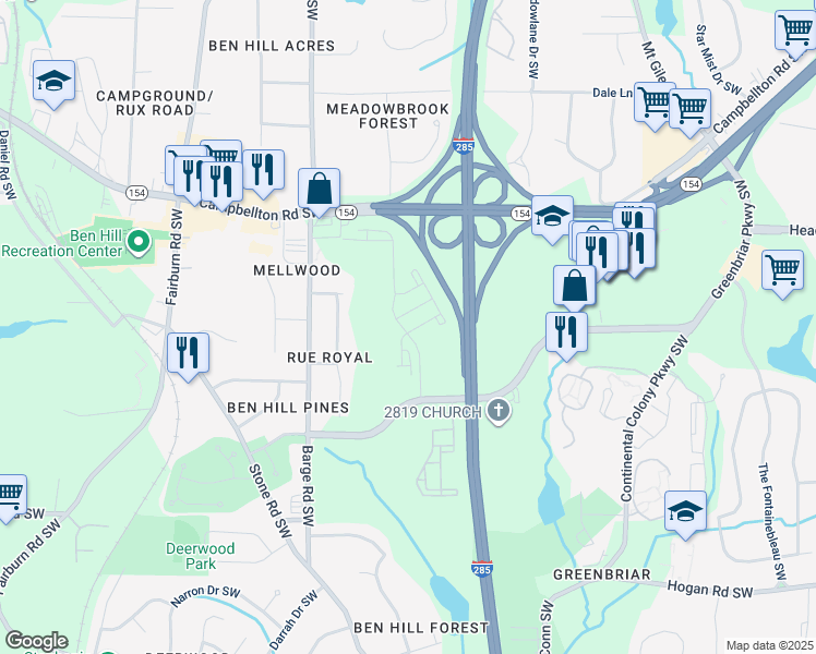 map of restaurants, bars, coffee shops, grocery stores, and more near 2400 Barge Road Southwest in Atlanta