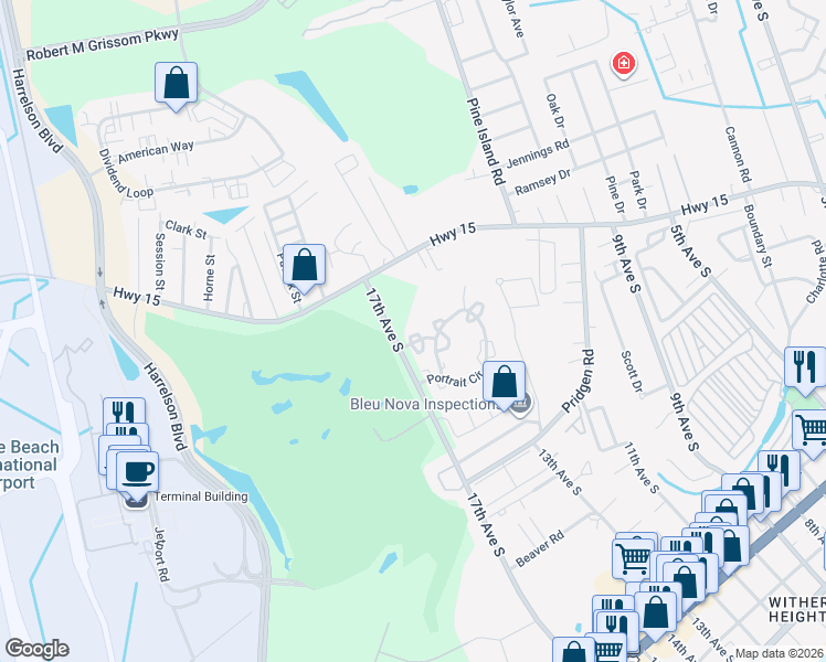 map of restaurants, bars, coffee shops, grocery stores, and more near 1065 Pinnacle Lane in Myrtle Beach