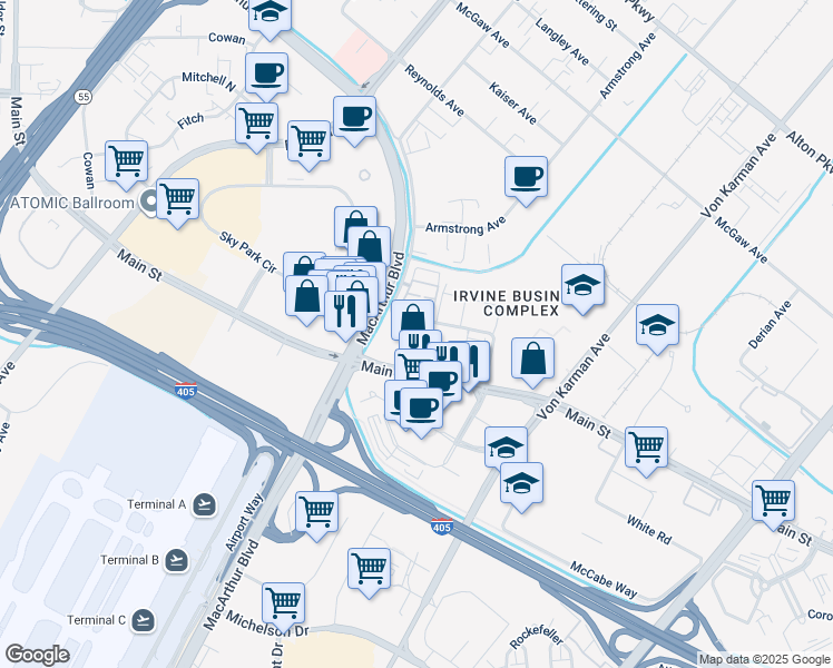 map of restaurants, bars, coffee shops, grocery stores, and more near 140 Citysquare in Irvine