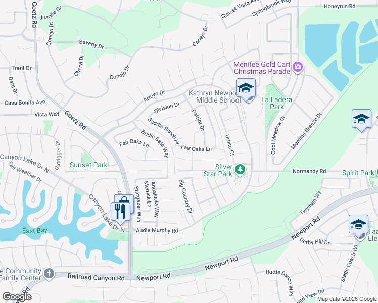 map of restaurants, bars, coffee shops, grocery stores, and more near 24567 Fair Oaks Lane in Menifee