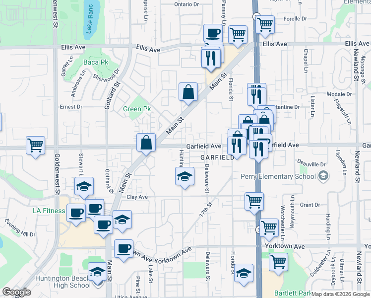 map of restaurants, bars, coffee shops, grocery stores, and more near 19002 Huntington Street in Huntington Beach