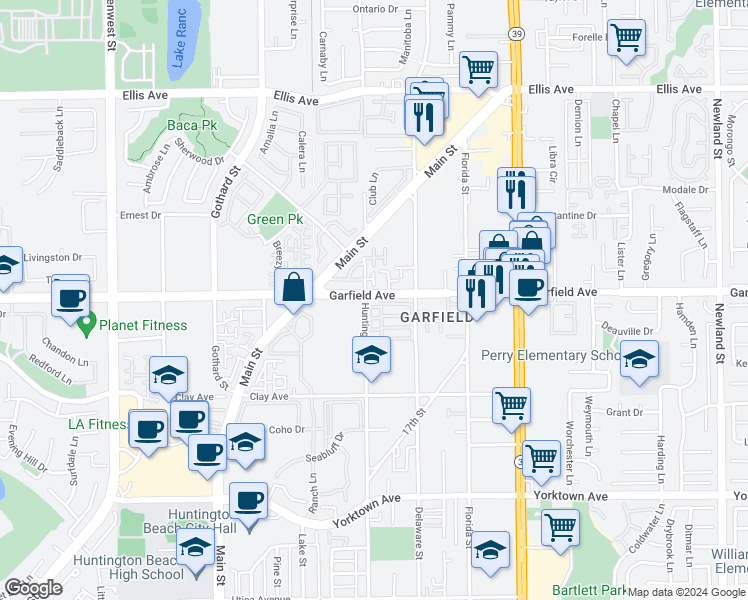 map of restaurants, bars, coffee shops, grocery stores, and more near 19002 Huntington Street in Huntington Beach