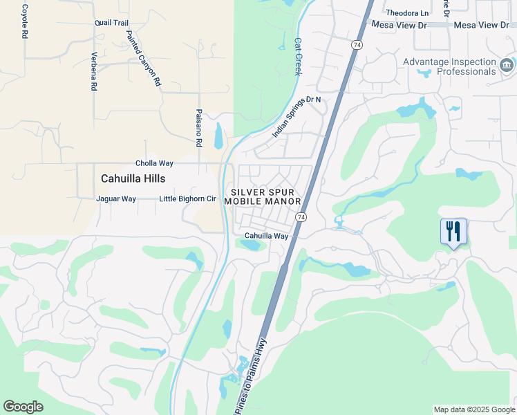 map of restaurants, bars, coffee shops, grocery stores, and more near 22 Silver Spur Drive in Palm Desert