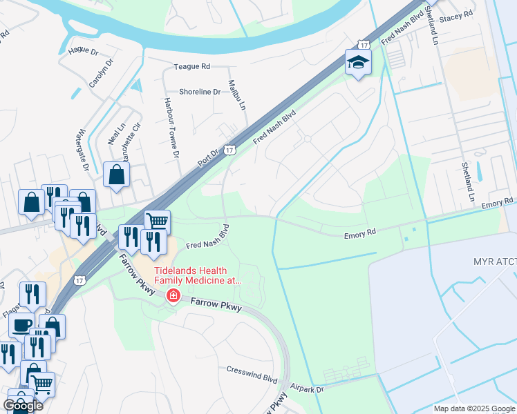 map of restaurants, bars, coffee shops, grocery stores, and more near 2990 Emory Road in Myrtle Beach